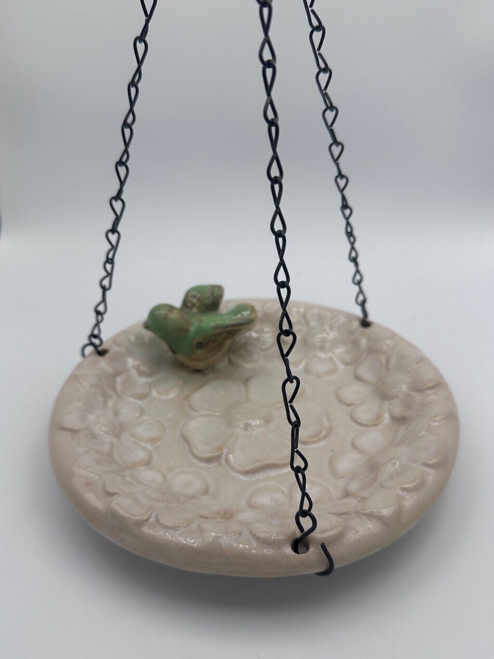T2 Collections Ceramic Bird Bath - Cream with Green Bird Indoor or Outdoors